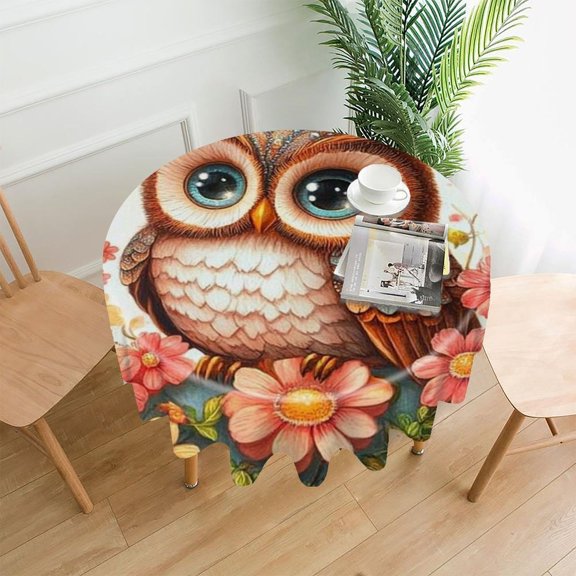 RKSupls 60 Inch Round Tablecloth, Owl Flowers Butterflies Cute Premium Polyester Straight Edge Wrinkle Resistant Washable Table Cover for Party Home Dining Decor