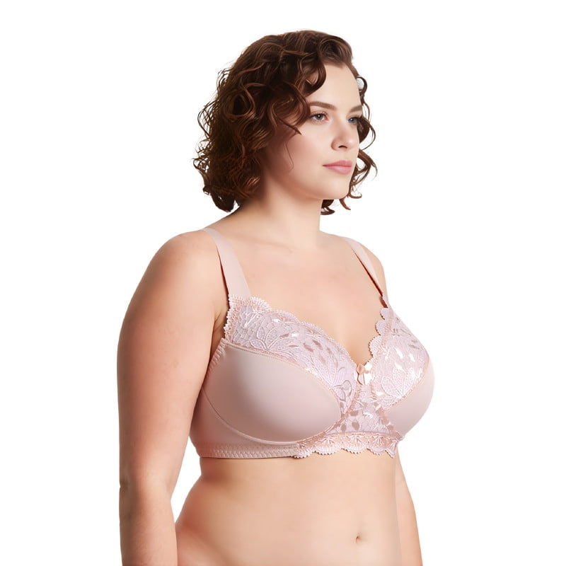 Curve Muse Plus Size Unlined Minimizer Wirefree Bras with Embroidery Lace-3Pack-PINK,BLACK,GRAY-34C