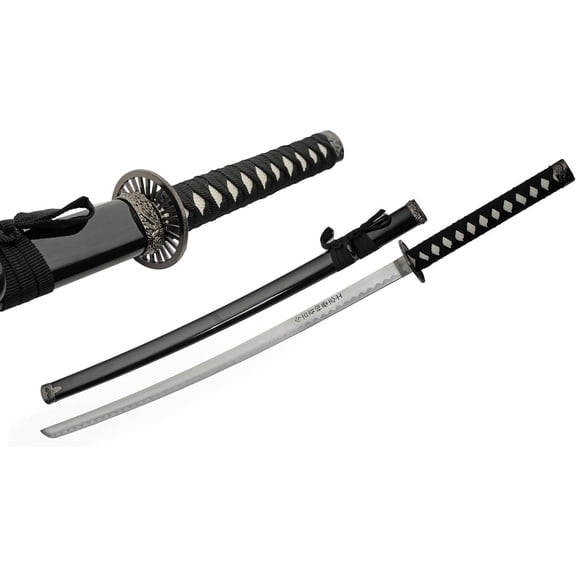 SZCO 37-Inch Heritage Ring Samurai Sword Handcrafted Decorative Katana with 27-Inch Stainless Steel Blade – Black Cord Wrap & White Ray Skin Style Handle