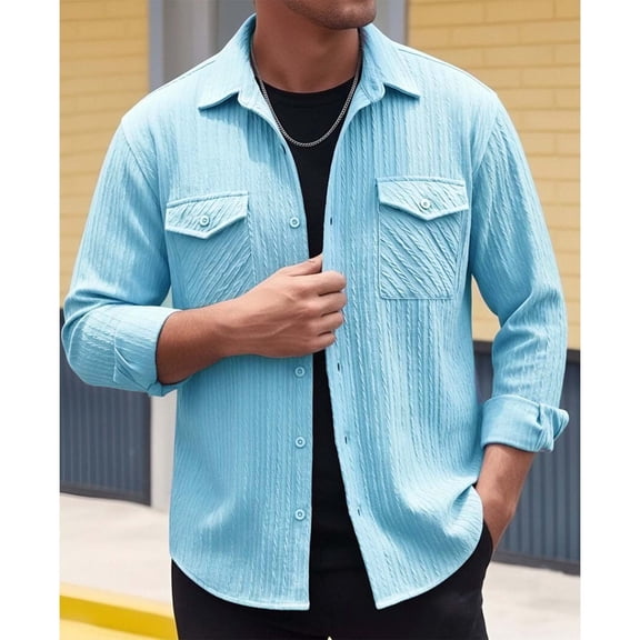 Aobny Jacquard Men Shirt Solid Button Down T Shirts Polos Collared Long Sleeve Tee Shirts Mens,Blue,L