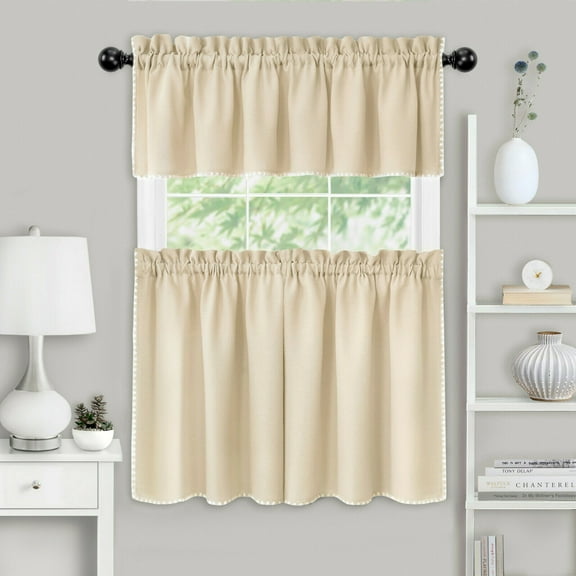 Kate Aurora Coastal Hamptons Living 3 Piece Textured Sheer Kitchen Curtain Tier & Valance Set - Assorted Colors & Sizes