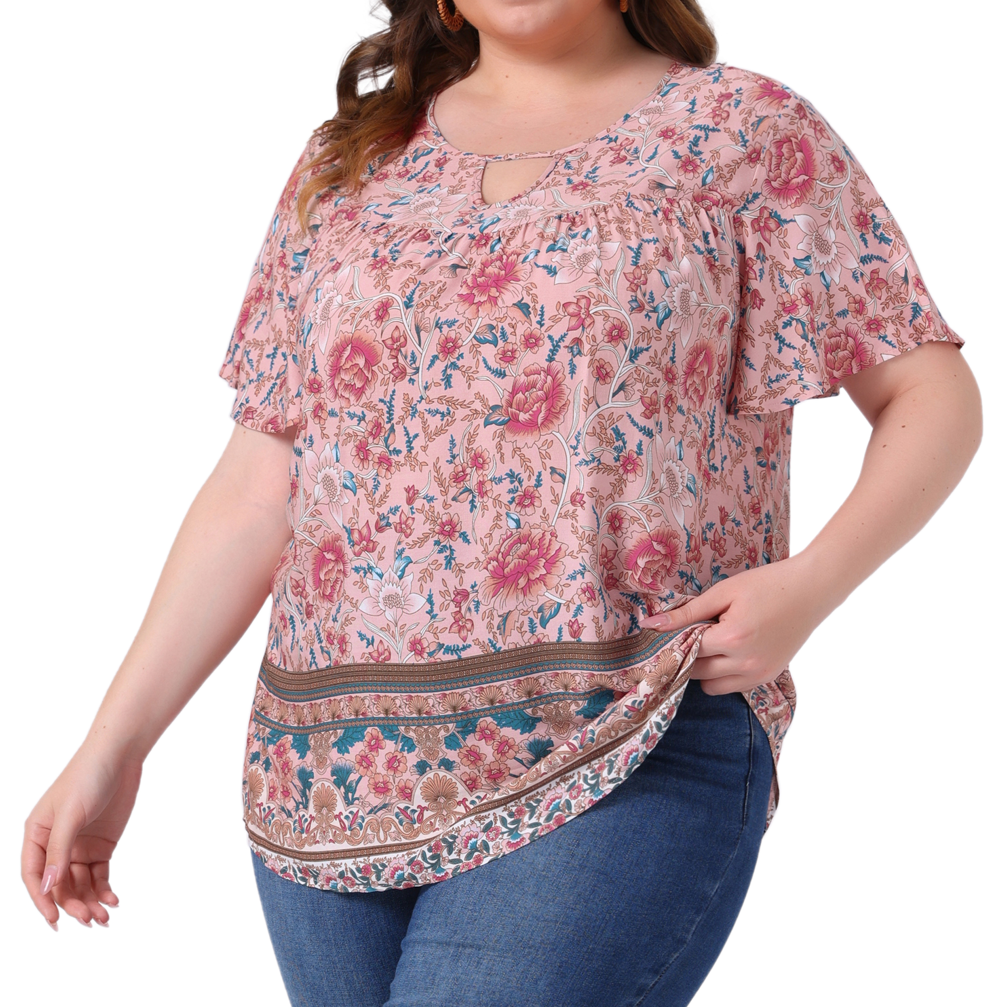 Women's Plus Women's Keyhole Ruffle Short Sleeve Boho Floral Blouse 2X Pink