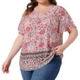 thumbnail image 2 of DARING DIVA Women's Plus Keyhole Ruffle Boho Floral Top 2X Pink, 2 of 7