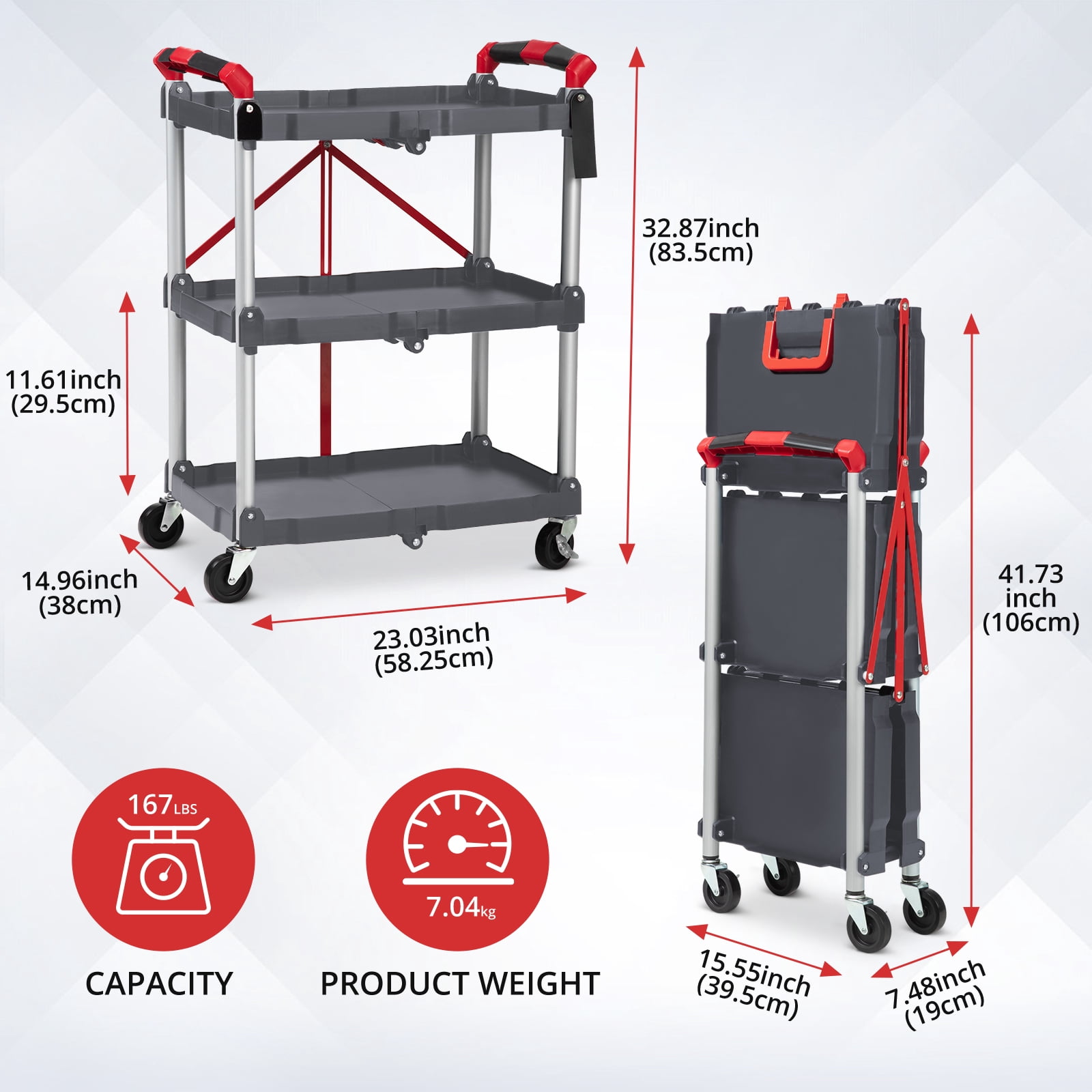 M optimized Folding Utility Service Cart, Collapsible Cart with Wheels, 3 Tier Rolling Utility Cart, Folding Cart with Wheels Collapsible, Service Cart for Tool, Grocery, Kitchen, Office