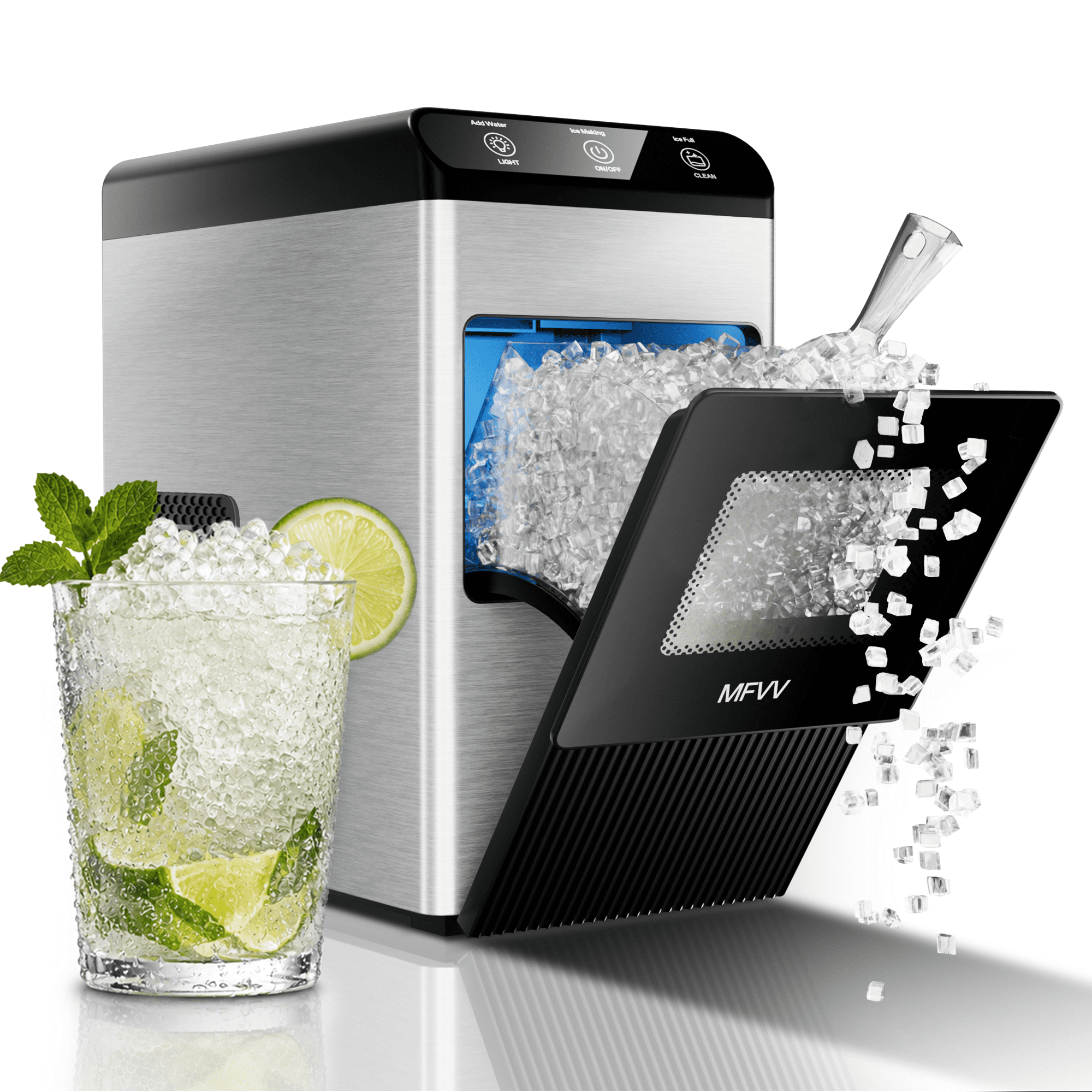 Nugget Ice Maker Countertop 38lbs/Day, Soft Chewable Pebble Ice Ready in 6 Mins, Compact Self-Cleaning Portable Ice Machine, Quiet 42dB, Stainless Steel with LED for Home Kitchen Office RV