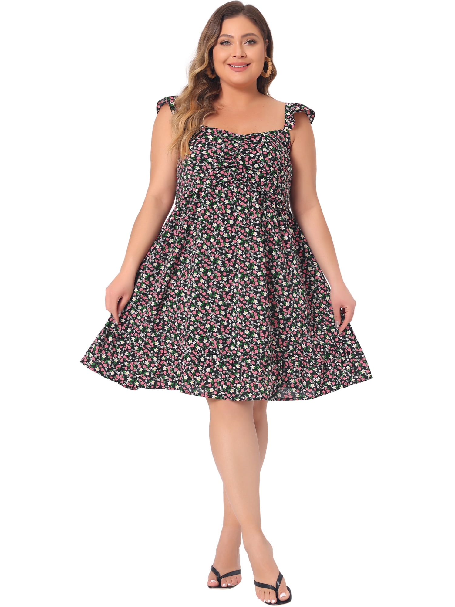 DARING DIVA Women's Plus Sweetheart Neck Ruffle Backless Floral Dresses 3X Black