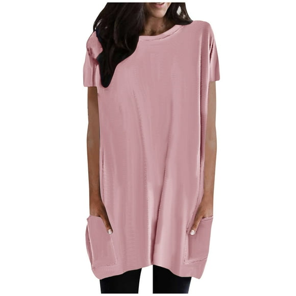 AherBiu Womens Long Tunic Tops to Wear with Leggings Short Sleeve Crewneck Comfy Top Tee Shirts with Pockets