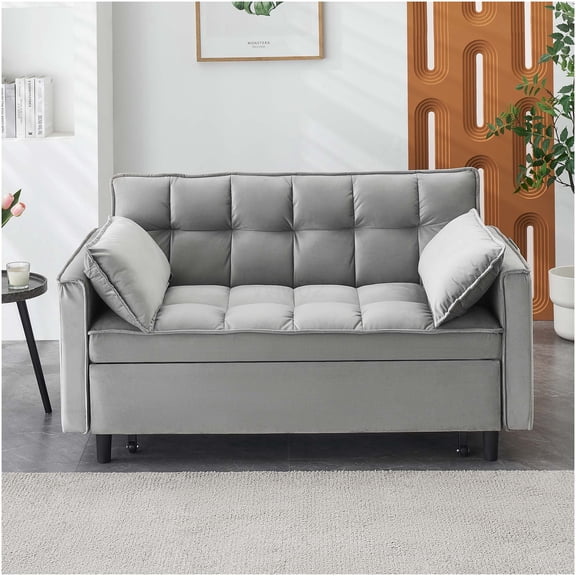 Modern Velvet Convertible Sofa Bed with Reclining Backrest and Storage Pockets, 3-in-1 Sleeper Loveseat for Small Spaces, Gray