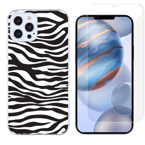 Slim-Fit Protective Phone Case compatible with iPhone 12 Pro Max, with Tempered Glass Screen Protector, by OneToughShield ® - Zebra B/W
