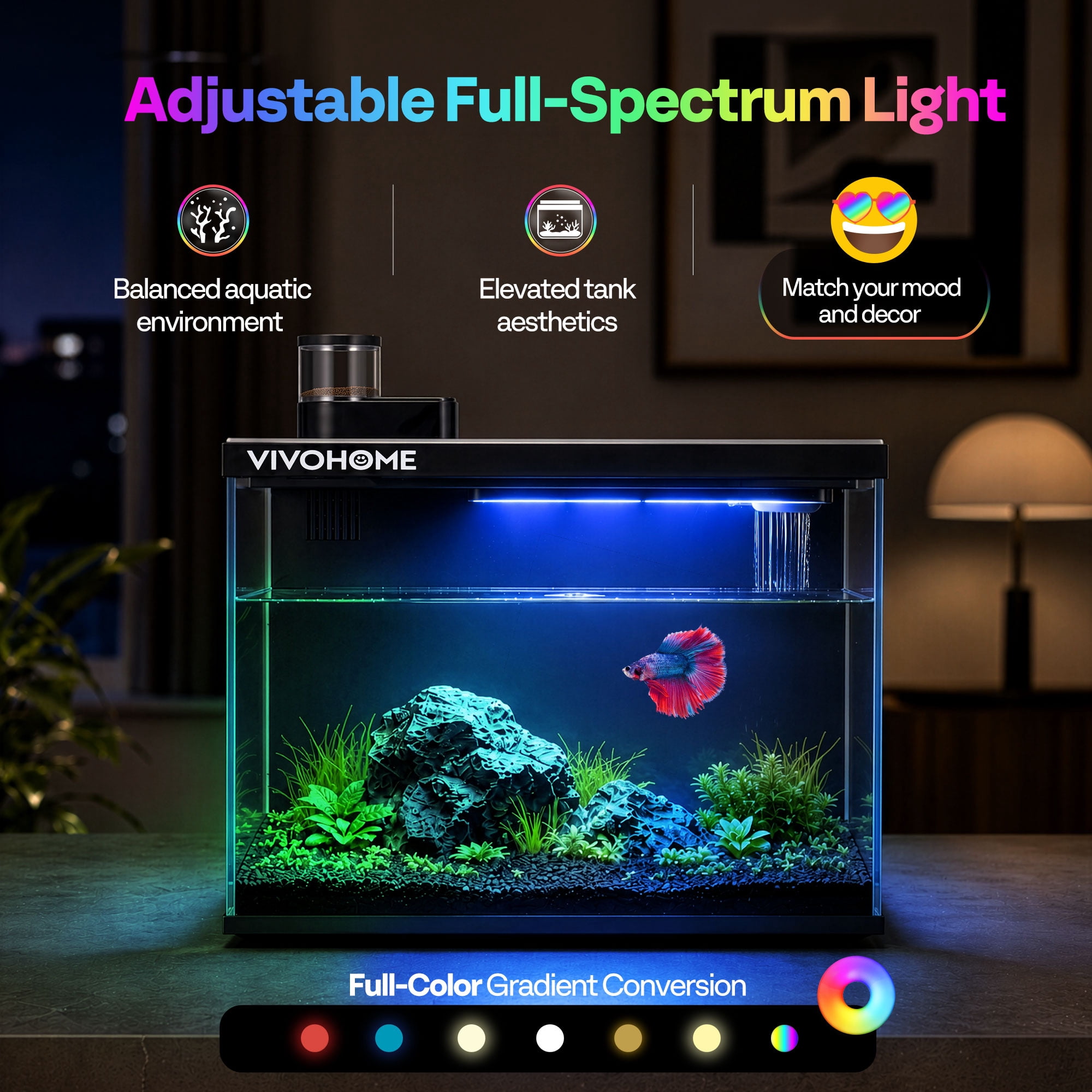 SPECSTAR 5 Gallon Fish Tank, Aquarium Starter Kit with Auto Feeder, RGB LED Light, Filter,  Temperature Display,for Betta, Shrimp,APP Control