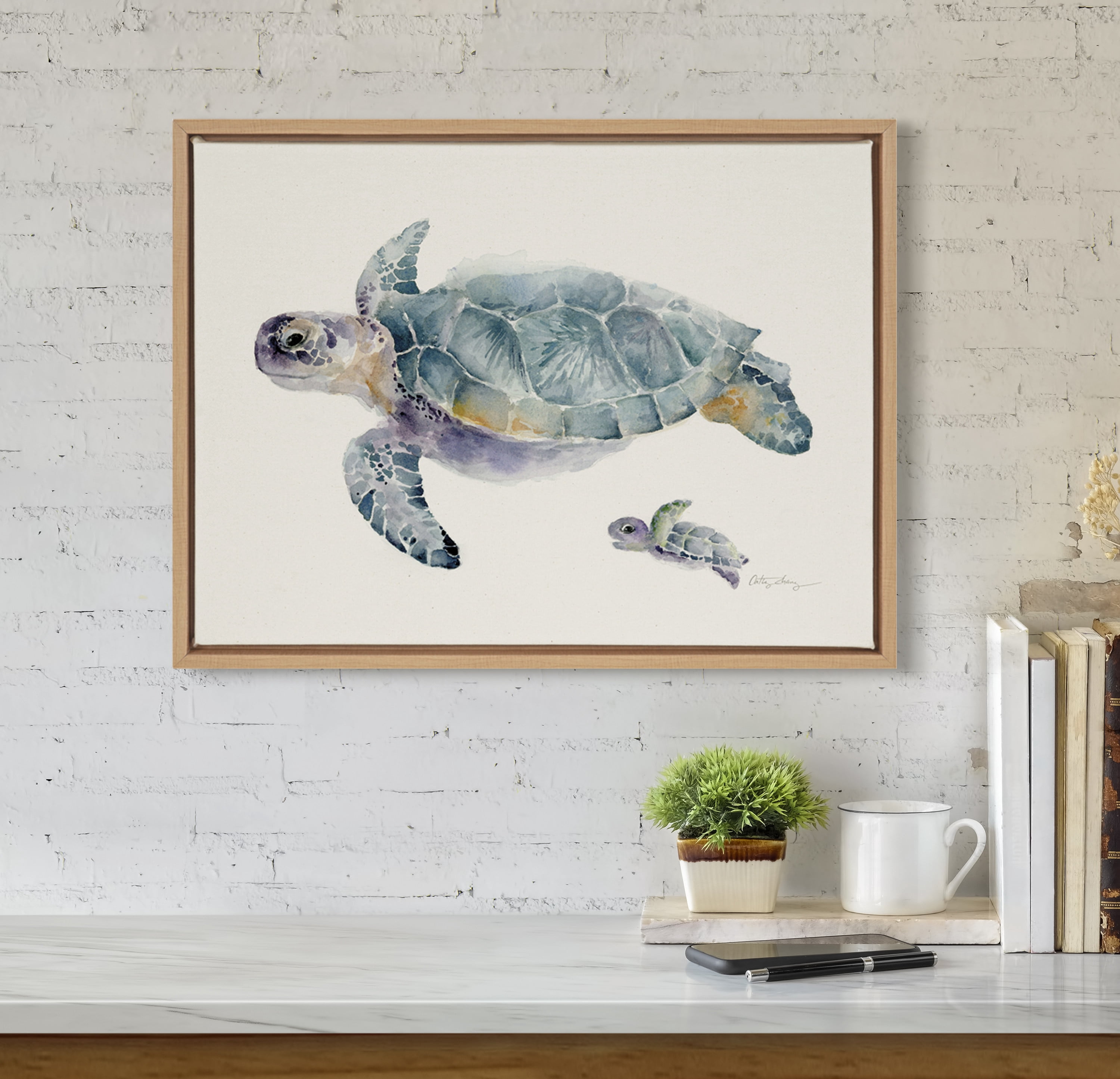 Kate and Laurel Sylvie Swim Along with Me Turtle Framed Linen Textured Canvas Wall Art by Cathy Zhang, 18x24 Natural