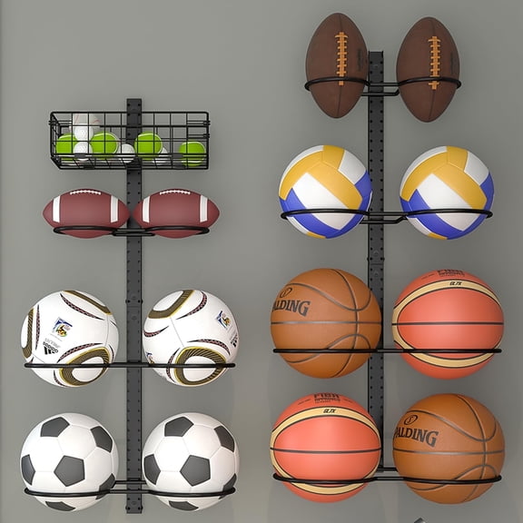 Baxikayon Wall Mount & Floor Standing Ball Rack Organizer with Elastic Rope, Sports Storage for Basketball Soccer Volleyball, Garage Use, Black