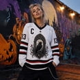 thumbnail image 2 of UDAUDU Women's Halloween Shirts Oversized V Neck Funny Spooky Crow Graphic Tee Holiday Long Sleeve Jersey Athletic Clothes M, 2 of 8