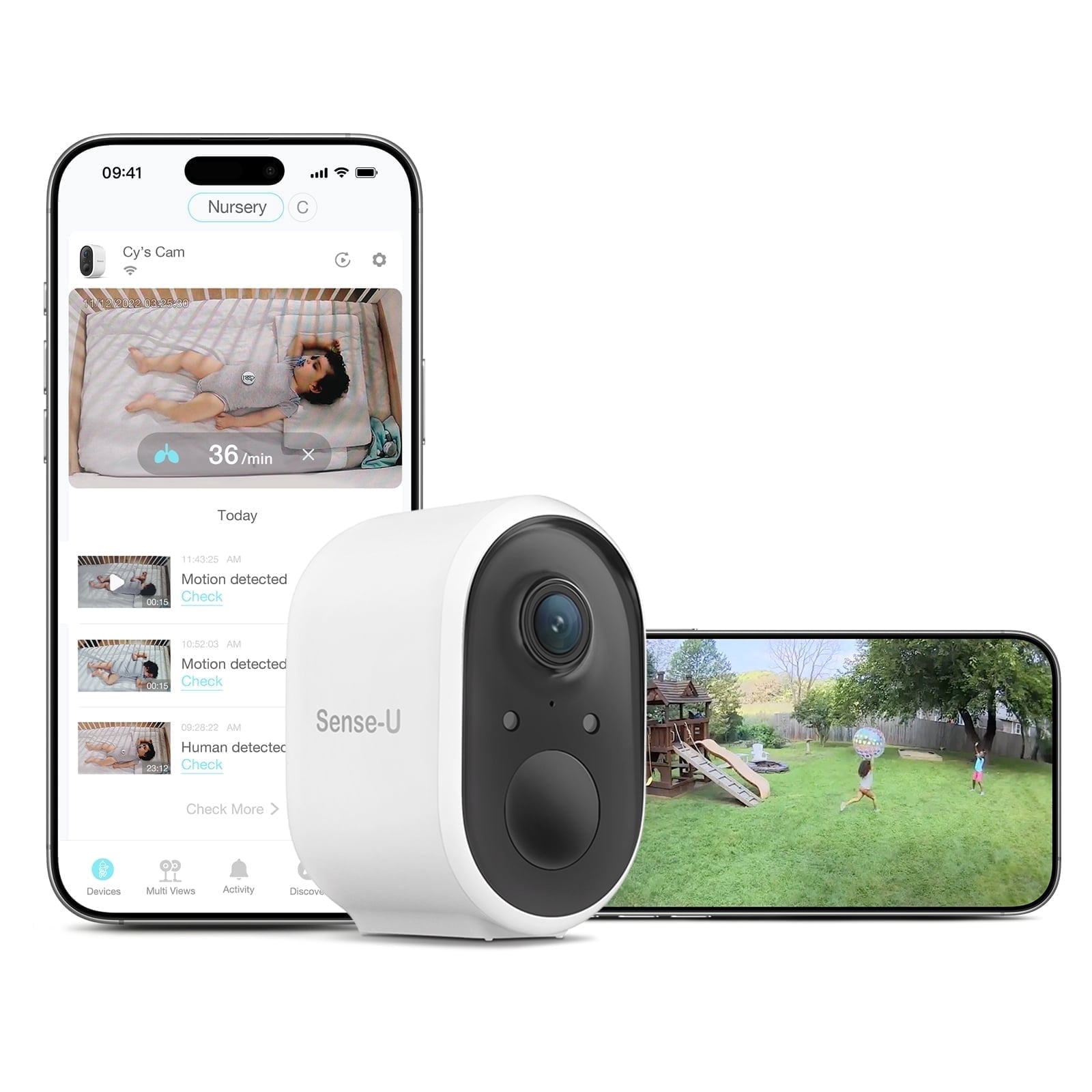 Sense-U Smart Battery Baby Monitor Security Camera, Indoor/Outdoor Use, AI Movement Detection, 1080p Video Monitor, Wireless Camera, 2-Way Audio, No Monthly Fee