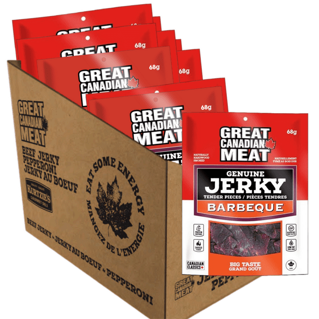 Great Canadian Meat BBQ Beef Jerky 10-Pack Bulk Box - 10 x 68g Bags - High Protein, Low Fat, Gluten Free Meat Snacks for On-the-Go - 100% Canadian Made