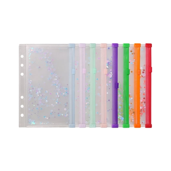 8Pcs Shimmering Clear Document Sleeve with Punched Hole Zippered Document Pouches Plastic File Envelope Bag For Office