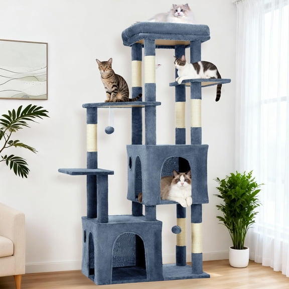 61 Inch Cat Tree for Large Cats, Heavy-Duty Cat Tower with Extra Large Perch & 2 Condos, Multi-Level Cat Furniture for Maine Coon & Adult Cats, Sisal Scratching Posts with Toys (Light Blue)