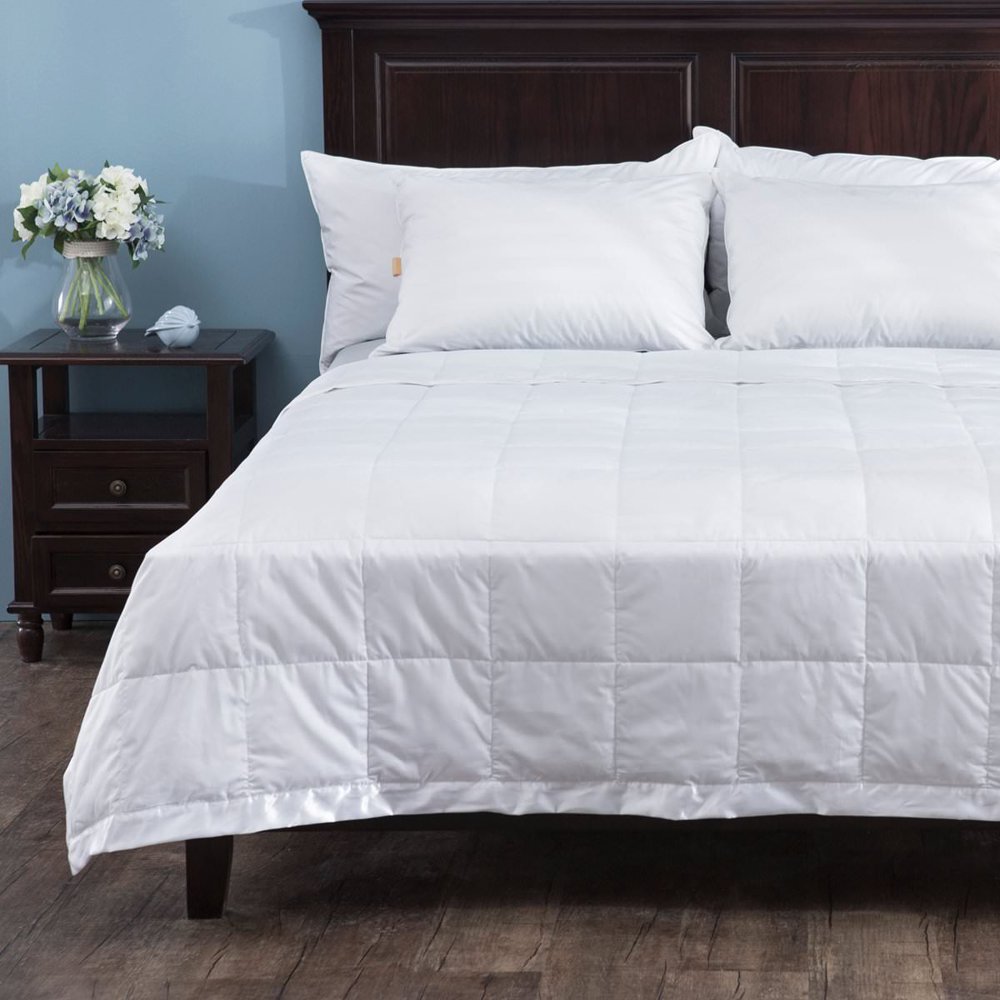 Puredown Light Weight White Down Blanket With Satin Weave, White, Full