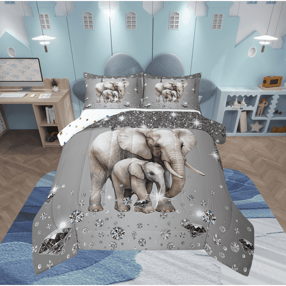 Elephant Comforter Set Sliver Sequin Fluid Art Twin Bedding Sets,Crystal Diamond Bed Set Safari Animals Duvet Insert,Jungle Wildlife Room Decor