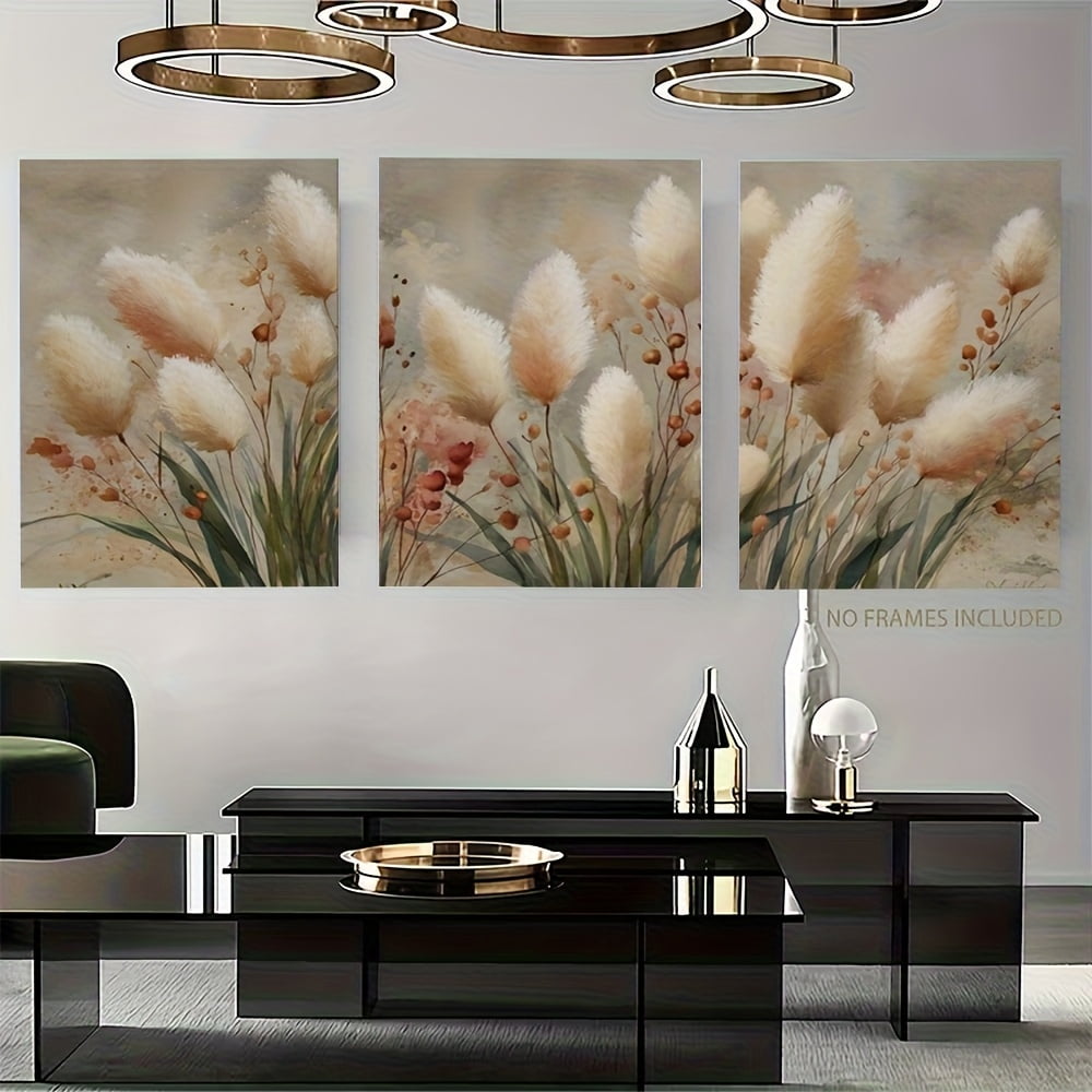 3-Panel Bohemian Cattail Art Print Set | Neutral Beige Plant Art, Minimalist Abstract Wall Decor, Modern Living Room Poster Set, Frameless Canvas, Christmas Gift