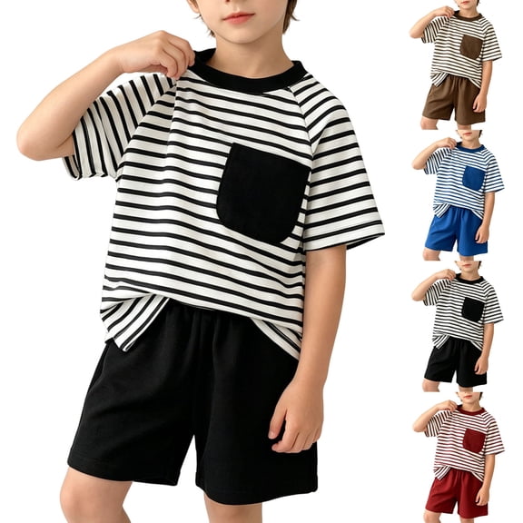 Teylalorva Boys Outfit Sets 2 Piece Short Sleeve T-Shirt and Elastic Shorts Summer Casual Trendy Clothes Black Size 6