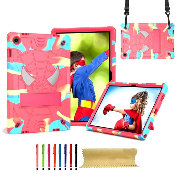 for Samsung Galaxy Tab A9 11.0" 2023 SM-X210 / SM-X215 / SM-X216 Silicone PC Kids Case, with Kickstand Shoulder Strap Pencil Holder Heavy Duty Protection Shockproof Rugged Case, Rainbow