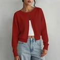 thumbnail image 2 of Cropped Cardigan Sweater for Women Long Sleeve Crewneck Solid Button Down Knit Coat Red M, 2 of 4