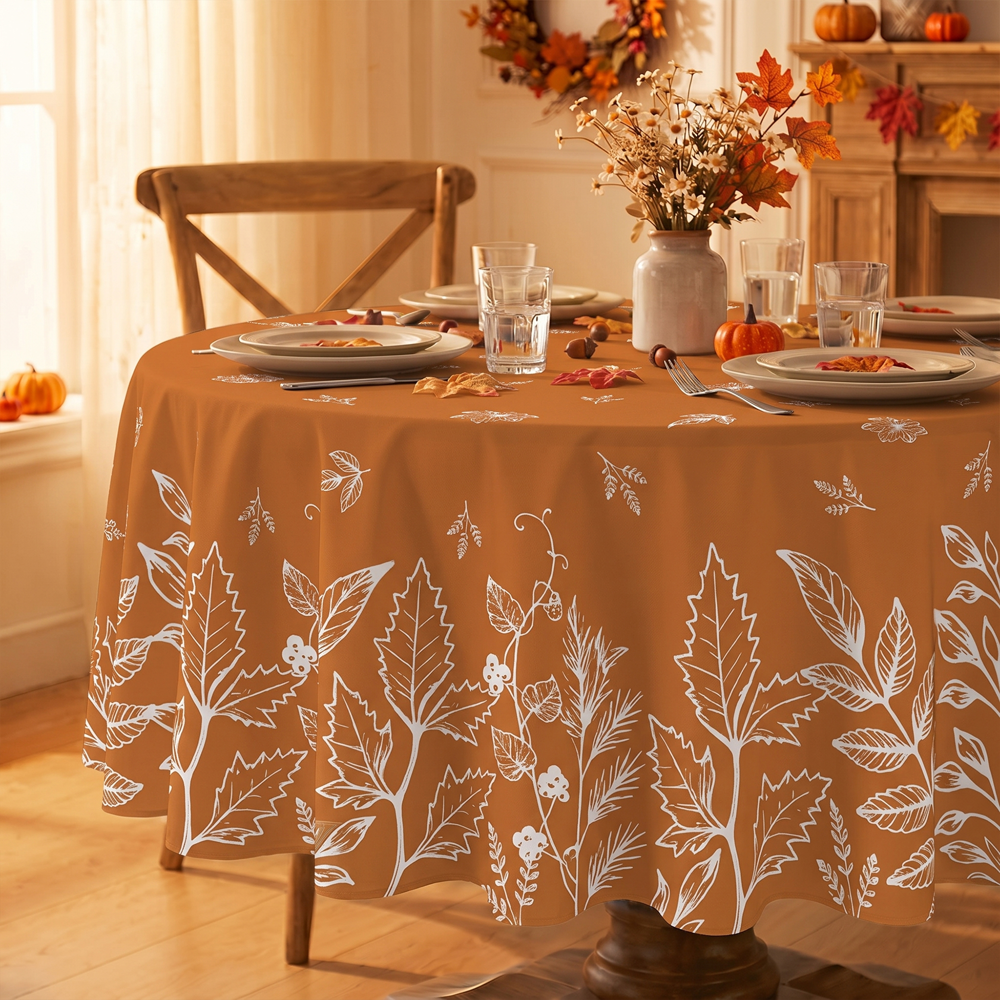 Sm:)e Fall Orange Round Tablecloth with Leaves, 70 Inch photo 1