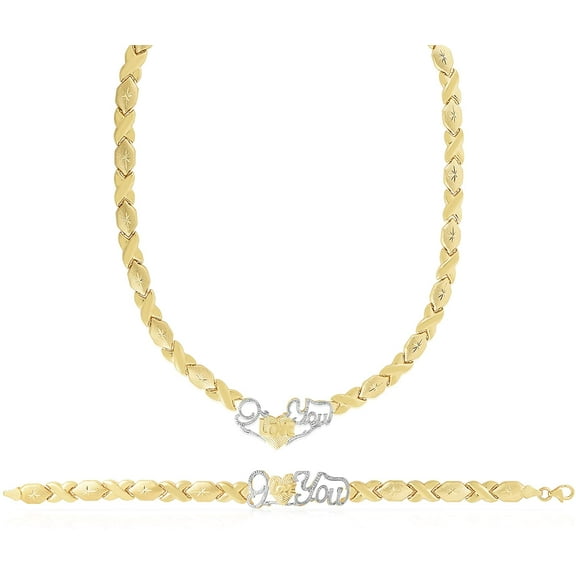 Floreo 10k Yellow Gold XOXO X&O X and O and Heart Hugs and Kisses I Love You Chain Necklace or Bracelet (Optional Jewelry Set)