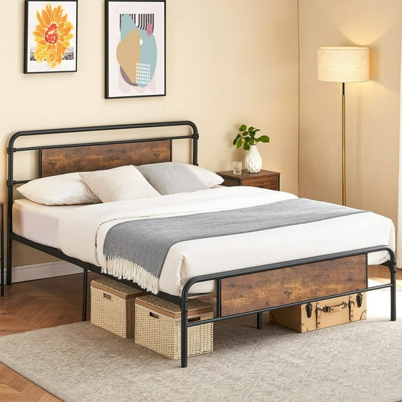 Jojoka Queen Platform Bed Frame with Rustic Wood Headboard, Heavy Duty Metal Slats, 13" Underbed Storage, No Box Spring Needed, Noise-Free, Easy Assembly, Modern Bed for Bedroom