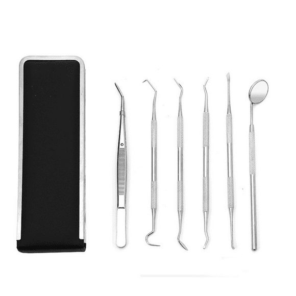 Professional Grade 6-Piece Stainless Steel Dental Care Kit - Includes Oral Mirror, Tartar Scraper, Dental Probe, Scaler, Tweezers, Floss & Leather Storage Pouch | Reusable, Corrosion-Resistant Tools