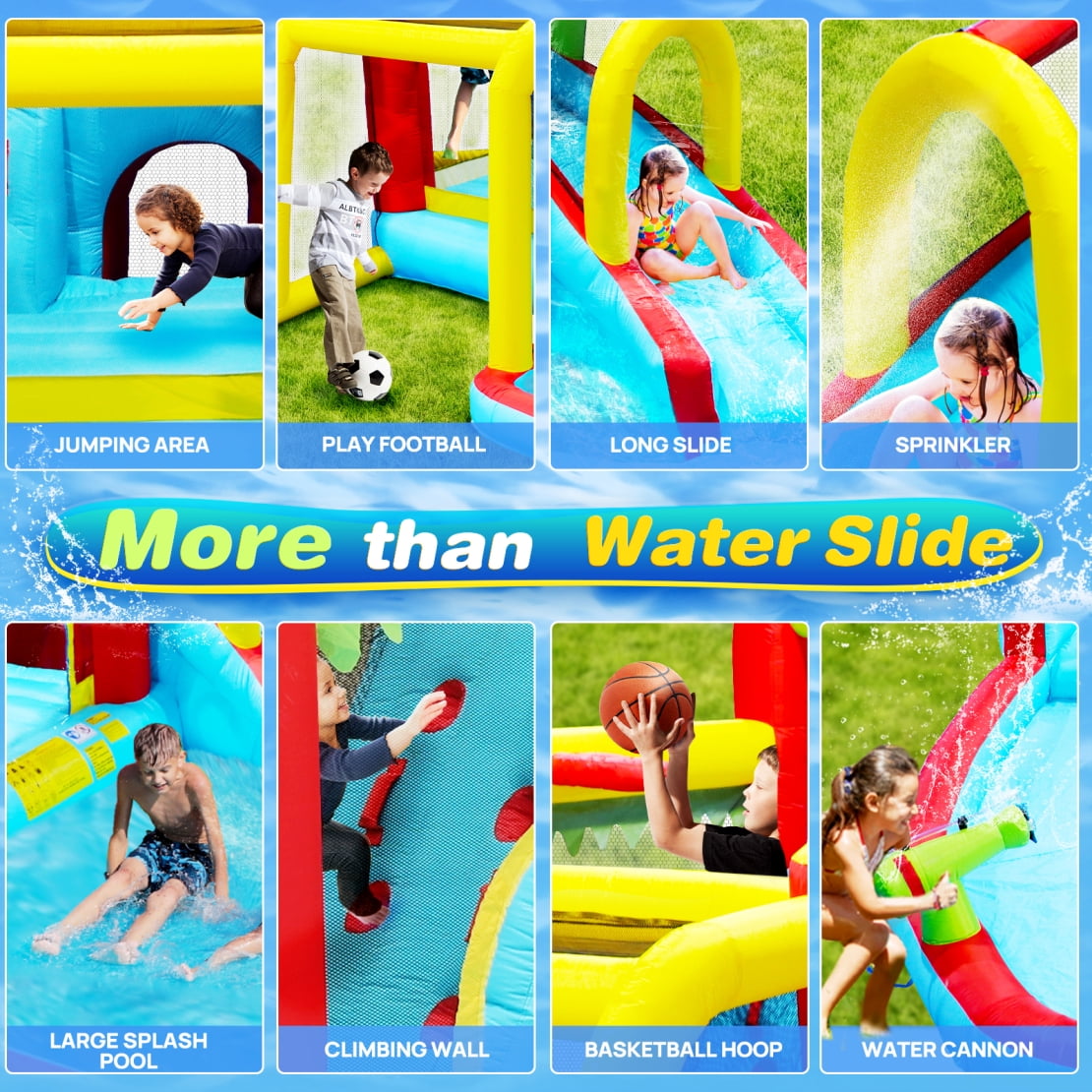 Kids Inflatable Water Slide 7-in-1 Bounce House Water Park Jumping Castle with Splash pool & Water gun & Climbing wall & Basketball & Football