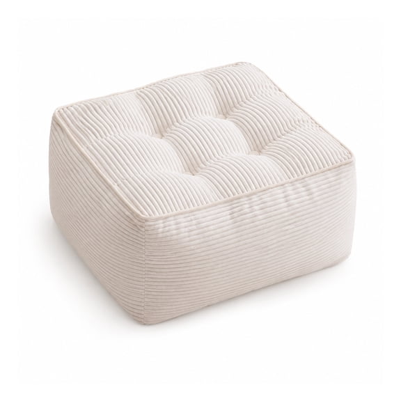 Square Stuffed Pouf Ottoman, Corduroy Poufs with Foam Chunk Filling, Furry and Fluffy Pouf Foot Stool Storage Ottoman, 21 X 21 Floor Poufs Foot Rest for Living Room, Beige