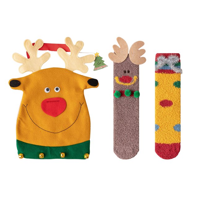 Nituyy Christmas Fuzzy Socks for Kid, Novelty Colorful Patterns Child Long Stockings with Bag