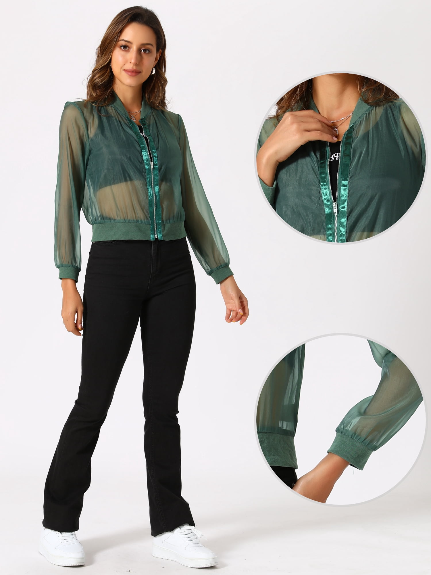DARING DIVA Mesh Sheer See Through Long Sleeve Zip Up Bomber Jacket S Green