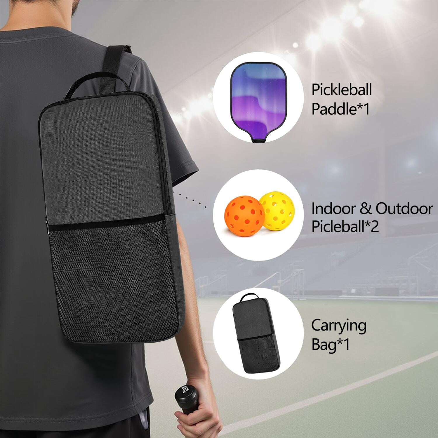 Pickleball Paddles Set Of 1, Fiberglass Surface, Fluid Smoke Aurora Art Style, 1 Paddle, 2 Balls & Bag