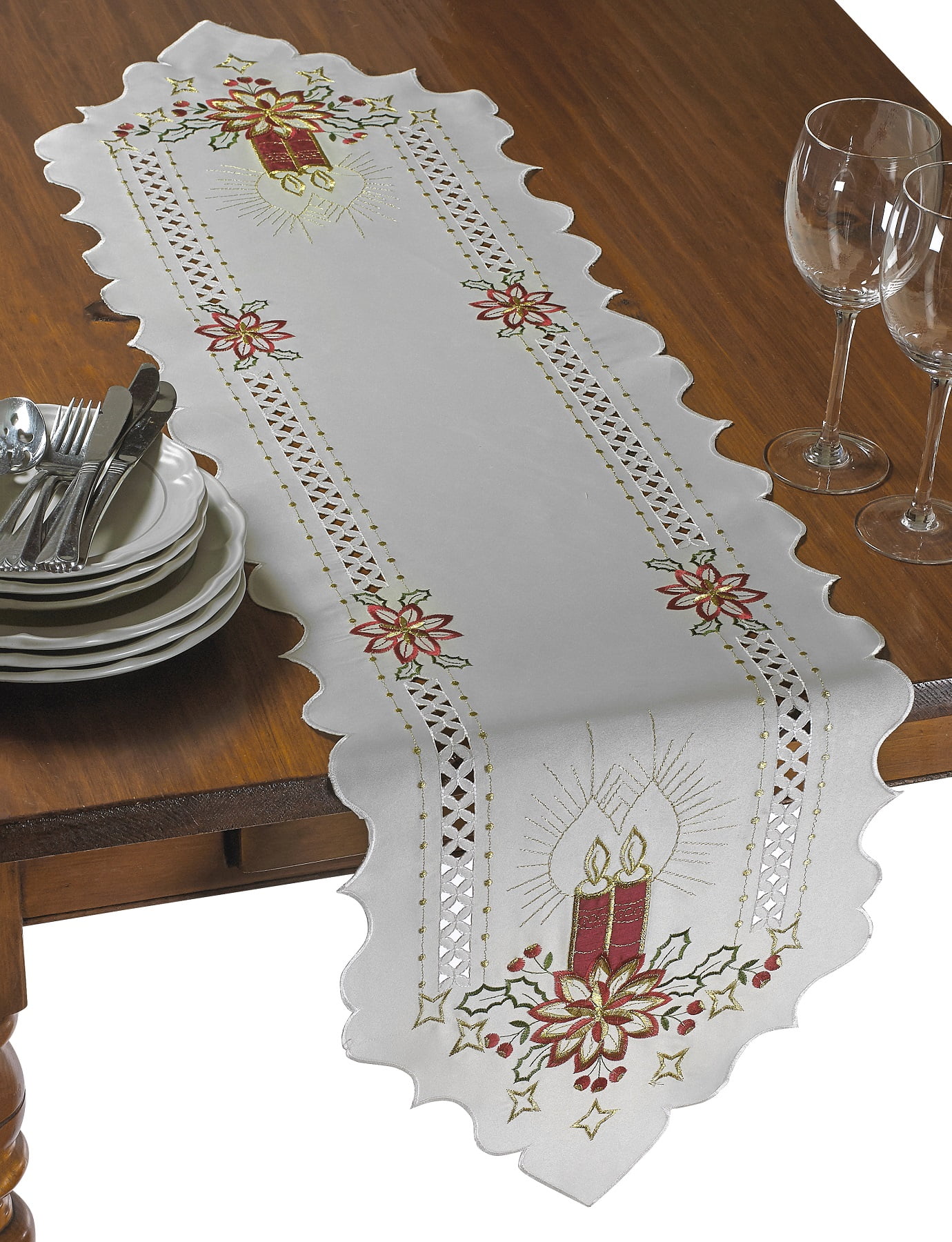 Seasonal Holiday Christmas Candles Holiday Embroidered Design Table