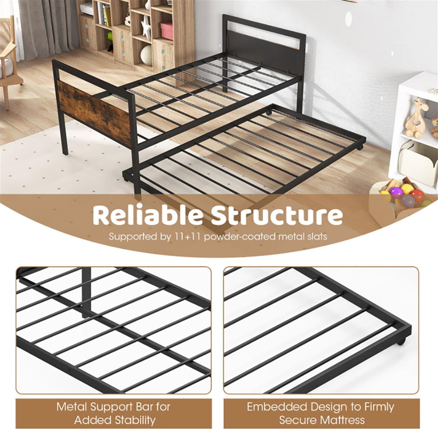 Demi Bonn Twin Size Metal Daybed with Trundle Lockable Wheels, Modern Bed Frame for Teens, Black
