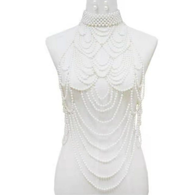 CHAOMA Women Layered Pearl Body Chain Choker Necklace Harness Sexy Bikini Body Jewelry