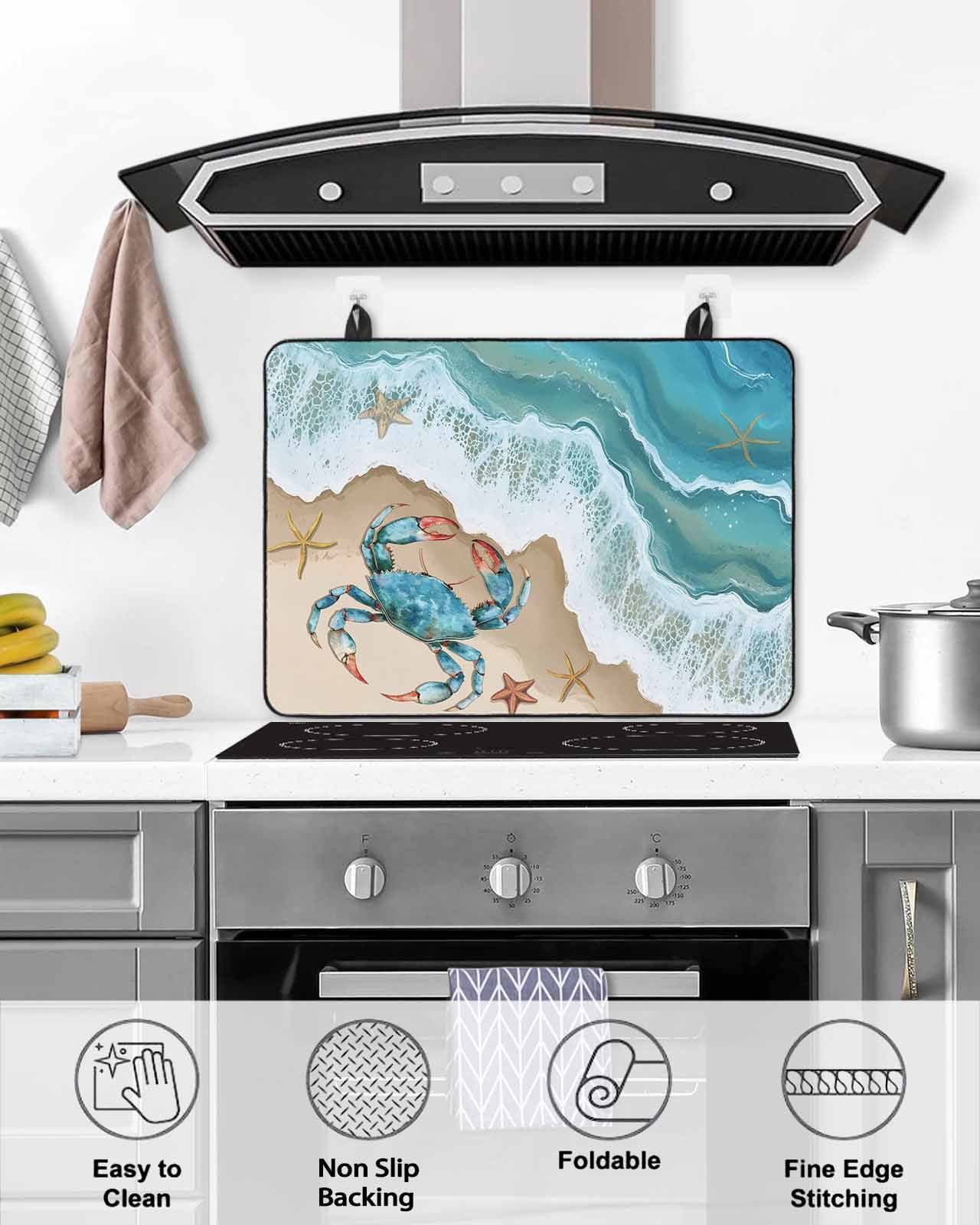 nqOlkjepod Large Induction Cooktop Protector Mat 24"x21", Ocean Crab Stove Top Covers for Electric Stove, Beach Starfish Seashore Gradient Sea Waves Stove Burner Cover Mats, Glass Top Stove Cover