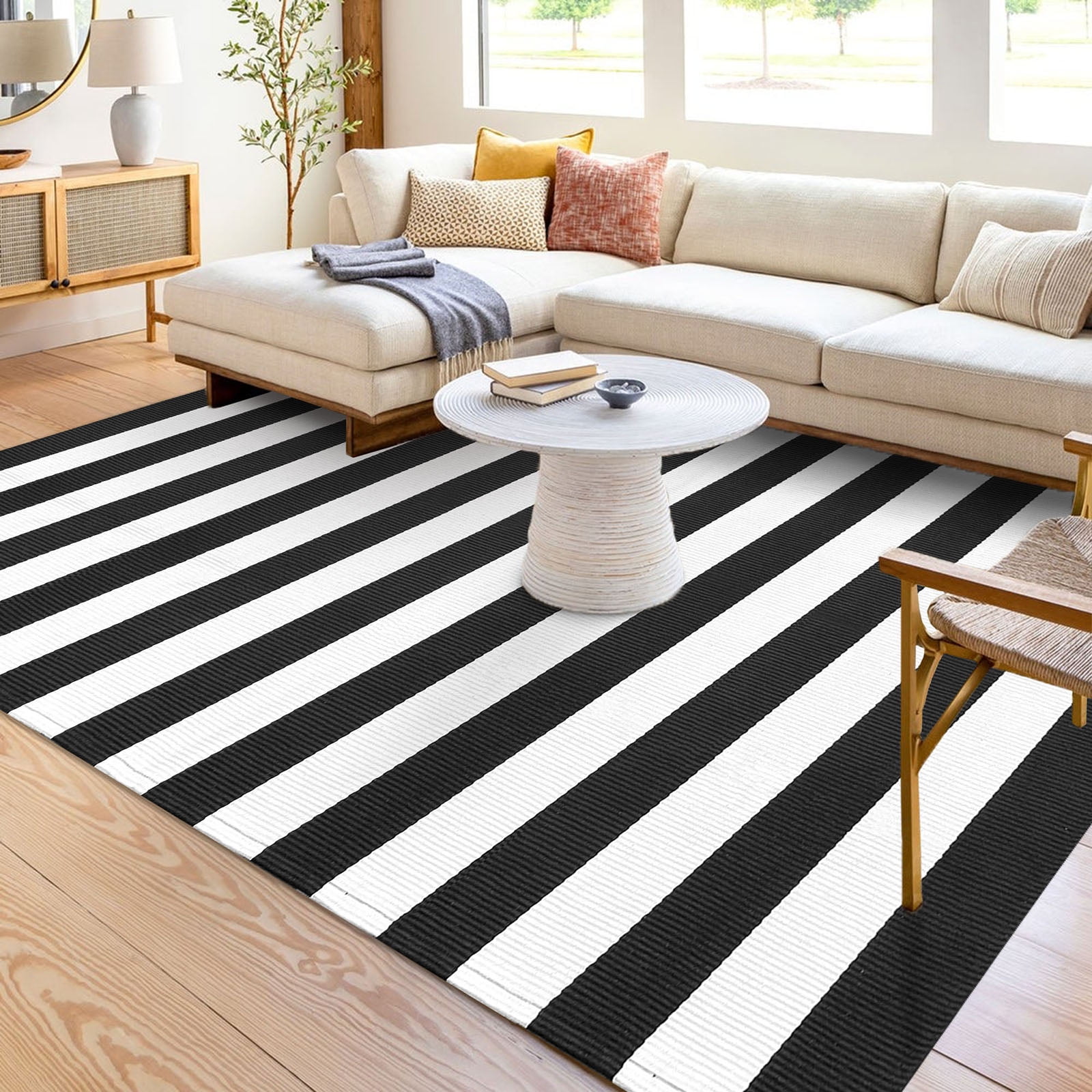 iOhouze Outdoor Area Rugs Black and White Striped Outdoor Rug 5x7 ft Washable Area Rug Indoor Outdoor Cotton Striped Rugs Large Floor Carpet for Garden Patio