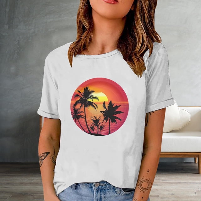 SMihono Hauts pour Femmes Été Chic Décontracté Mode Femme Imprimé Col Rond Manches Courtes T-Shirt Impression Blouse Ample Hauts T-Shirt Oversize pour Femmes
