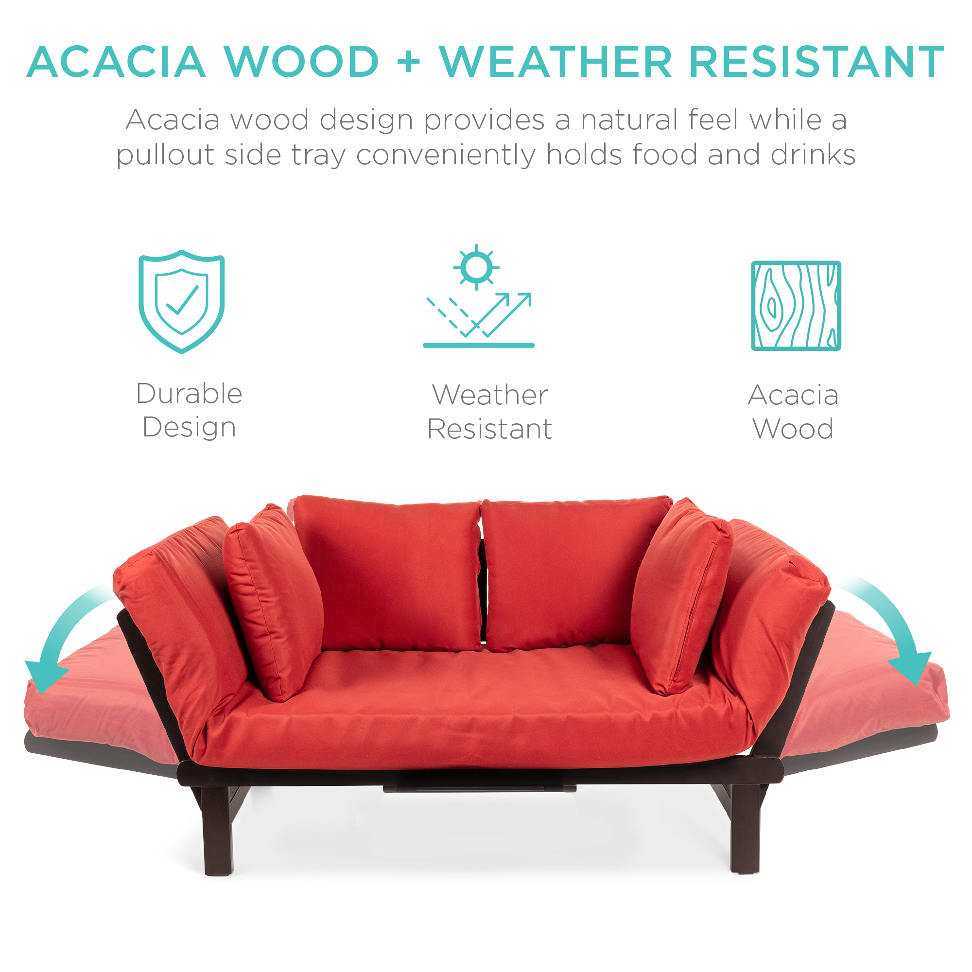 Outdoor Convertible Acacia Wood Futon Sofa w/ 4 Pillows, Removable Cus –  Best Choice Products