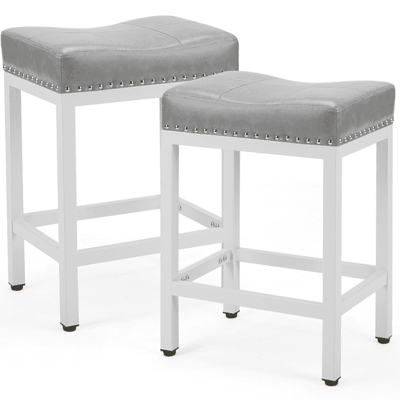 LIFERECORD Saddle Stools Set of 2, Ergonomic Counter Height 24 Inch Bar Stools with Thick Seats and Metal Frame, for Kitchen, Bar, Dining Room, Cafe, Gray
