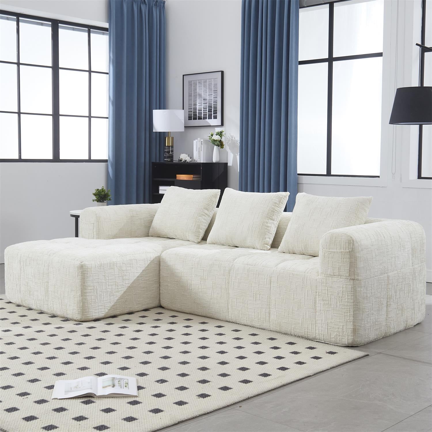 Demi Bonn 98" L-Shaped Modular Sectional Sofa with Chaise, Side Pockets, Modern Comfort Couch, Compression-Free Installation for Living Room, White