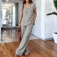 thumbnail image 5 of Women's V Neck Short Sleeve Top & Wide Leg Pants Set, Soft Nylon Spandex Loungewear, Casual 2 Piece Outfit with Stretchy Waist, for Relaxed Days, Work from Home, or | TruBelle,Gray L, 5 of 8