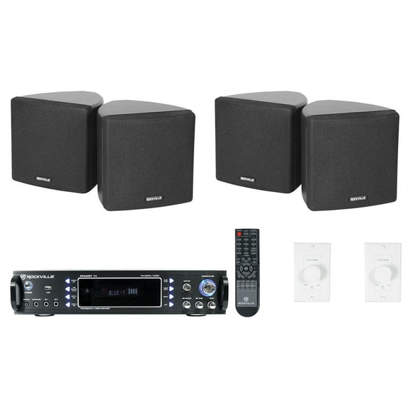 Rockville 2-Room Home Audio Receiver Amp (4) 3.5" Cube Speakers Wall Controls