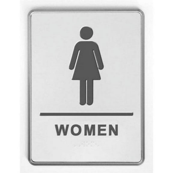 M&T Displays Aluminum Women Restroom Door Sign with Braille 6x8 in Self-Adhesive Silver Sticker