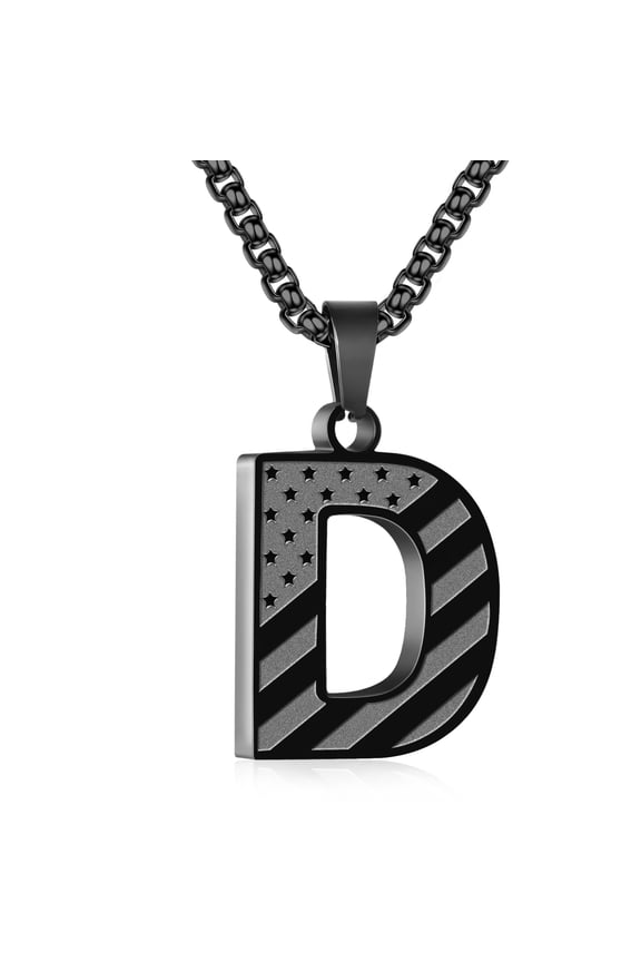 Black Initial Necklaces for Men Boys Stainless Steel American Flag Letter D Pendent Chain Birthday Graduation Fathers Day Jewelry Gifts Teen Him Dad Boyfriend Male Son Adults Kids Age Ideas