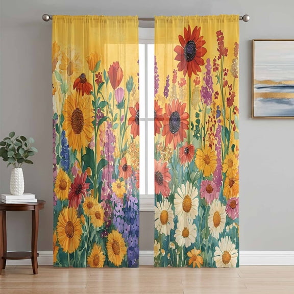 Colorful Sunflower Sheer Curtains 84 Inch Length 2 Panels Set, Farmhouse Botanical Floral Voile Window Treatment Rod Pocket Curtains Sheers Drapes for Bedroom/Living Room/Kitchen 52"x84"x2